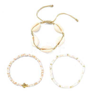 3Pcs 3 Styles Natural Mixed Cowrie Shell Beads Adjustable Bracelets BJEW-JB13915-1