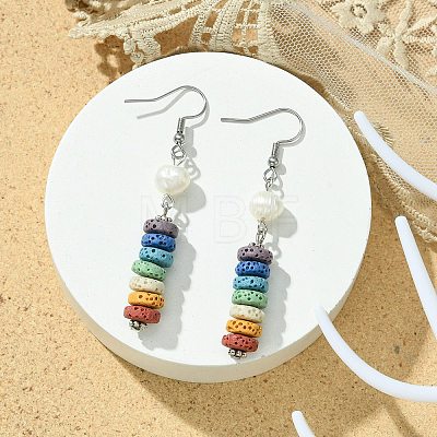 Natural Pearl & Dyed Lava Rock Disc Beaded Dangle Earrings EJEW-JE05563-1