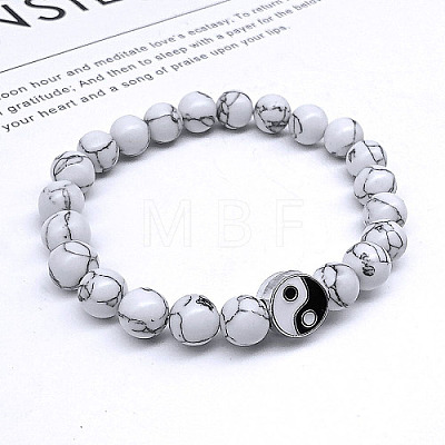 Natural Howlite Beaded Stretch Bracelets with Yin-yang JE8006-2-1