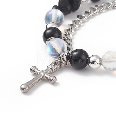 Natural & Synthetic Mixed Stone Beaded Bracelet with Cross Charm BJEW-TA00184-01-1