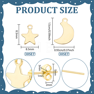 60Pcs 2 Styles Star & Moon 304 Stainless Steel Stud Earring Findings EJEW-PH0001-62-1