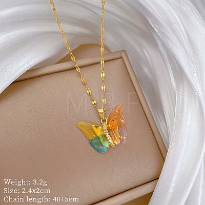Brass Crystal Rhinestone Resin Glitter Butterfly Pendant 304 Stainless Steel Dapped Chain Necklaces for Women WG45291-03-1