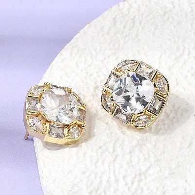 Brass Pave Clear Cubic Zirconia & Glass Stud Earrings EJEW-G471-03G-01-1