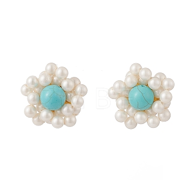 Synthetic Green Turquoise & Shell Pearl Braided Flower Stud Earrings EJEW-TA00161-1