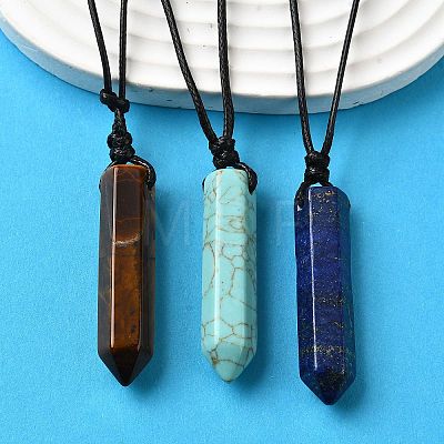 Natural & Synthetic Mixed Gemstone Faceted Bullet Pendant Waxed Cord Necklaces NJEW-Q030-01A-1