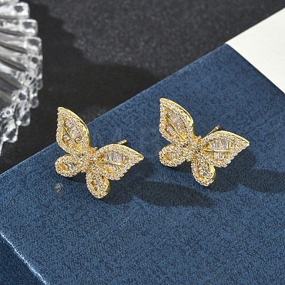 Brass & Clear Cubic Zirconia Stud Earrings KK-CBA36A2-11G-1