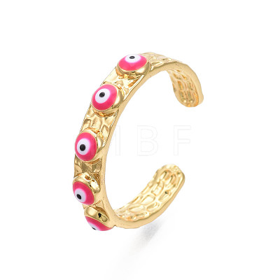 Real 18K Gold Plated Brass Open Cuff Ring with Enamel Evil Eye for Women RJEW-Q166-02E-1