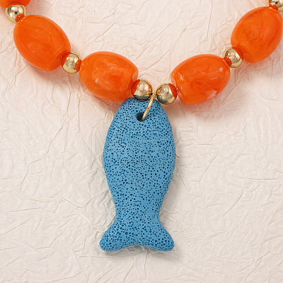 Bohemian Dyed Natural Lava Rock Dodger Blue Fish Shaped Pendant Resin Barrel Beaded Necklaces with Alloy End Chains for Women WGC0D2D-01-1
