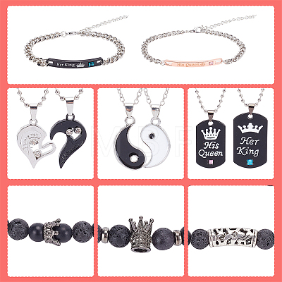 Valentine's Day Heart & Yin Yang & Rectangle Alloy Pendant Necklaces & Link Bracelet & Natural Lava Rock Stretch Bracelets SJEW-AN0001-39-1