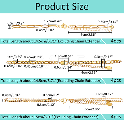  12Pcs 3 Style 304 Stainless Steel  Chain Bracelet Making MAK-NB0001-18-1