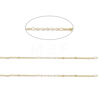 Brass Heart & Plastic Pearled Link Chains CHC-M025-34G-1