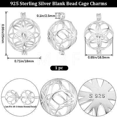 Beebeecraft 1Pc Rhodium Plated 925 Sterling Silver Empty Bead Cage Pendants STER-BBC0005-71P-1