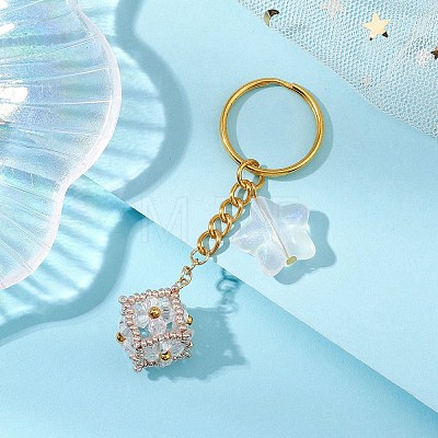 Glass Seed Bead Cube with Acrylic Star Keychain KEYC-MZ00027-05-1