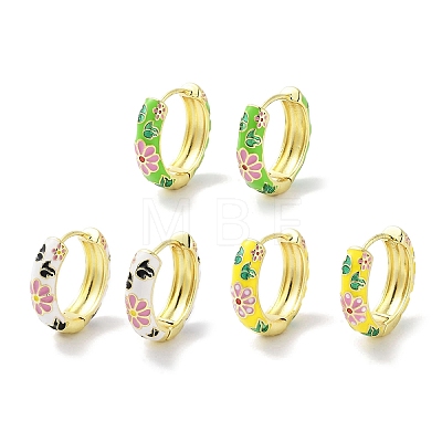 Real 18K Gold Plated Brass Enamel Flower Print Hoop Earrings for Women EJEW-L269-117G-1