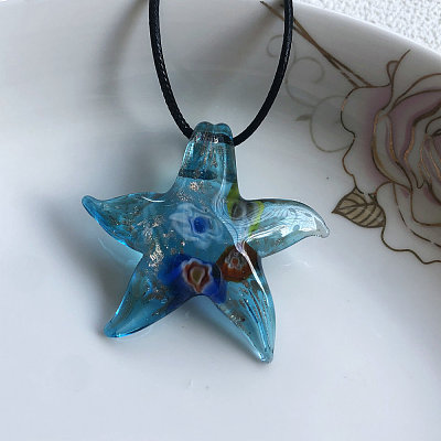 Starfish Millefiori Glass Pendant Waxed Cord Necklaces FS-WG7586D-01-1