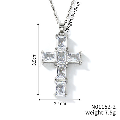 Brass Shiny Clear Cubic Zirconia Cross Pendant Necklaces Fashionable and Versatile NZ6047-2-1