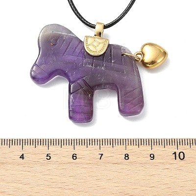 Natural Amethyst Horse Pendant Adjustable Black Korean Waxed Polyester Cord Neckalces NJEW-JN06355-02-1