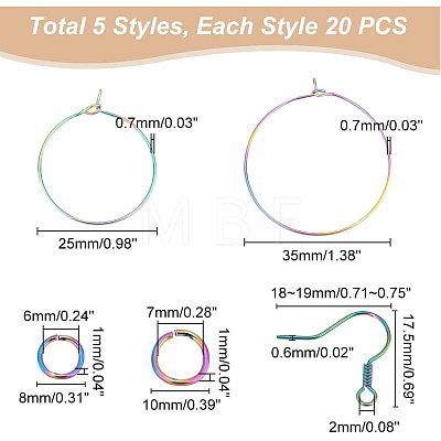 Unicraftale 40Pcs 2 Style Ion Plating(IP) Rainbow Color 304 Stainless Steel Hoop Earrings Findings STAS-UN0039-05-1