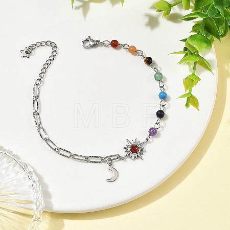 7 Chakra Gemstone Beaded Chain & 304 Stainless Steel Paperclip Chain Bracelets BJEW-JB14411-01-1