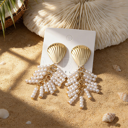 Alloy with Plastic Pearls Stud Tassel Earrings EJEW-Z172-06G-04-1