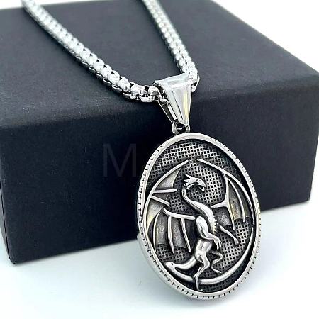 Nordic Viking Vintage Stainless Steel Oval with Dragon Pendant Necklaces for Unisex QH9523-1