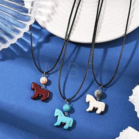 3Pcs 3 Styles Dyed Synthetic Turquoise Horse Pendant Black Waxed Cord Necklaces NJEW-JN05430-1