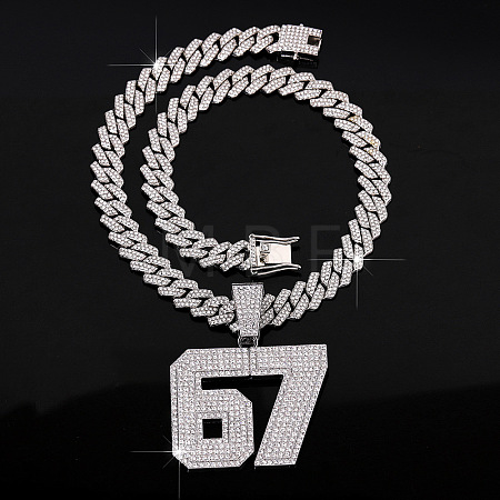 Alloy Full Crystal Rhinestone Number 67 Pendant Cuban Link Chain Necklaces for Men WG613EE-01-1