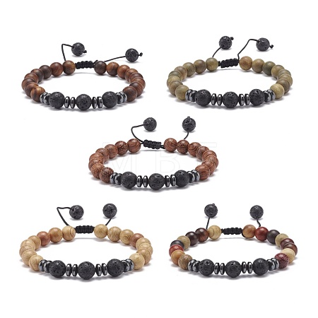 Natural Lava Rock & Wood Braided Bead Bracelet BJEW-JB08537-1