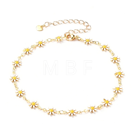 Brass Enamel Daisy Link Chain Anklets AJEW-AN00337-1