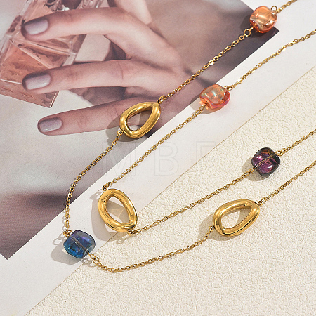 French Stainless Ssteel Twisted Oval with Colorful Glass Beads Long Link Chain Necklaces for Women XI4819-1