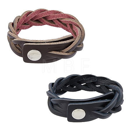 2Pcs 2 Colors Braided Cowhide Cord Bracelets BJEW-FH0001-18-1