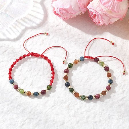 2Pcs Adjustable Natural Green Jade Imitation Tourmaline & Brass Beads Braided Bead Bracelets for Women BJEW-JB13542-02-1