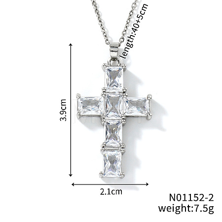 Brass Shiny Clear Cubic Zirconia Cross Pendant Necklaces Fashionable and Versatile NZ6047-2-1