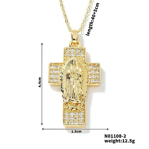 European and American Brass Pave Cubic Zirconis Virgin Mary Cross Pendant Necklaces IK3172-2-1