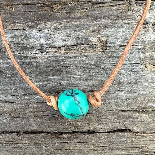 Synthetic Turquoise Round Ball Pendant Genuine Leather Handmade Necklace Simple Elegant Jewelry IU3089-3-1