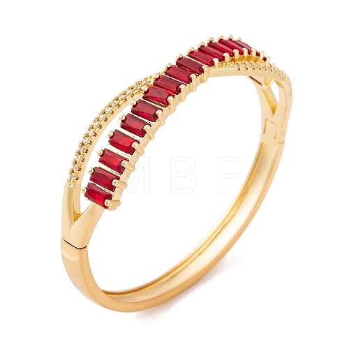 Brass Pave Clear Cubic Zirconia & Dark Red Glass Cross Hinged Bangles for Women BJEW-S147-26G-1