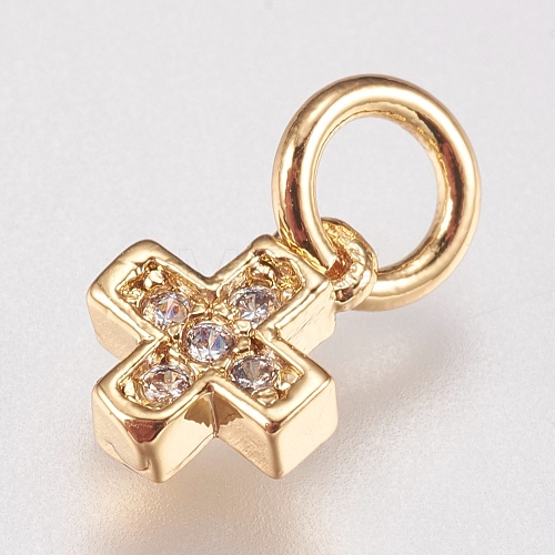 Brass Cubic Zirconia Tiny Cross Charms X-ZIRC-E147-61G-1