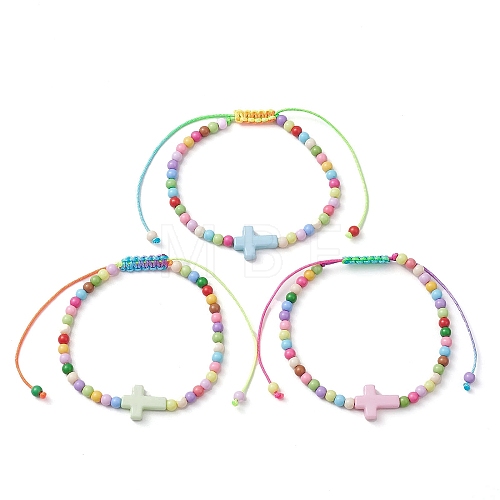 Cross & Round Acrylic Braided Bead Bracelets BJEW-JB10239-02-1