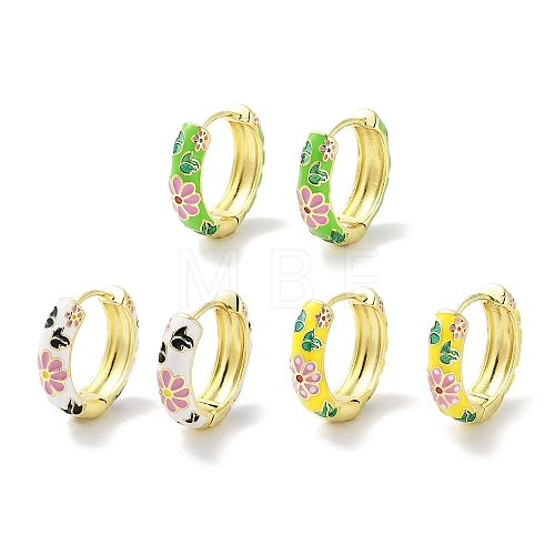 Real 18K Gold Plated Brass Enamel Flower Print Hoop Earrings for Women EJEW-L269-117G-1