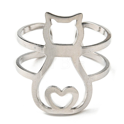 304 Stainless Steel Hollow Cat Open Cuff Ring RJEW-F149-02P-1