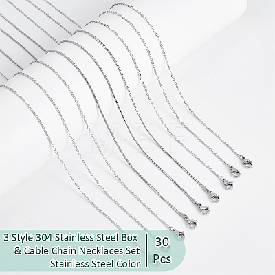  30Pcs 3 Style 304 Stainless Steel Box & Cable Chain Necklaces Set MAK-NB0001-26-1