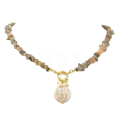 Ocean Natural Baroque Keshi Pearl Coin Pendant Natural Moonstone Chip Beaded Necklaces NJEW-JN06024-1