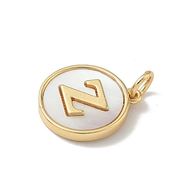 Brass Pave Natural Shell Flat Round with Letter Charms KK-Z115-13G-Z-1