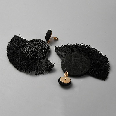 Cotton Fan Tassel Dangle Earrings with Rhinestone EJEW-WH0012-046-1