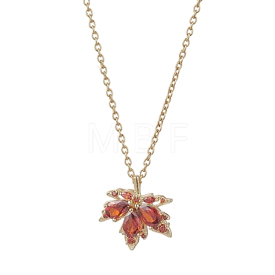 Brass Pave Cubic Zirconia Maple Leaf Pendant 304 Stainless Steel Cable Chain Necklaces for Women NJEW-JN05901-01-1