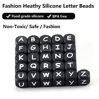 20Pcs Black Cube Letter Silicone Beads 12x12x12mm Square Dice Alphabet Beads with 2mm Hole Spacer Loose Letter Beads for Bracelet Necklace Jewelry Making JX433T-1