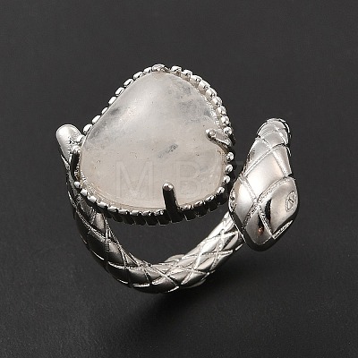 Natural Quartz Crystal Heart with Snake Open Cuff Ring RJEW-P082-02P-24-1