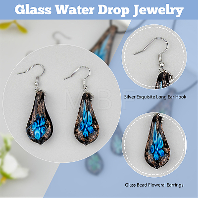 FIBLOOM 2 Sets 2 Colors Teardrop with Flower Glass Dangle Earrings & Pendant Necklace SJEW-FI0001-14-1