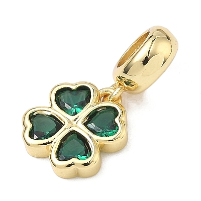 Saint Patrick's Day Brass Pave Cubic Zirconia Shamrock European Dangle Charms KK-P345-04G-1