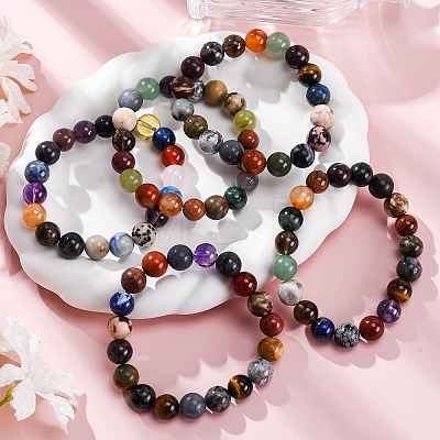 Natural & Synthetic Mixed Gemstone Beaded Stretch Bracelets for Women Men BJEW-F490-01B-1